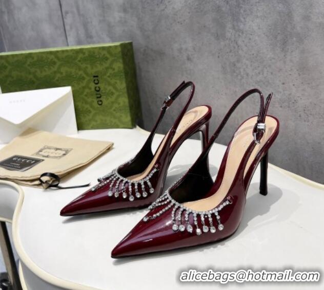 Good Product Gucci Patent Leather Slingback Pumps 10cm with Crystal Tassel Dark Burgundy 427019