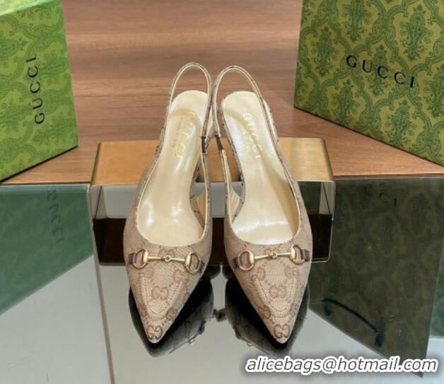 Classic Hot Gucci GG Canvas Slingback Pumps 4.5cm with Horsebit Beige 427020