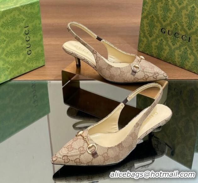 Classic Hot Gucci GG Canvas Slingback Pumps 4.5cm with Horsebit Beige 427020