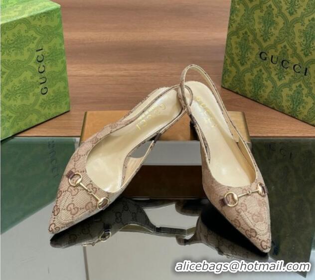 Classic Hot Gucci GG Canvas Slingback Pumps 4.5cm with Horsebit Beige 427020