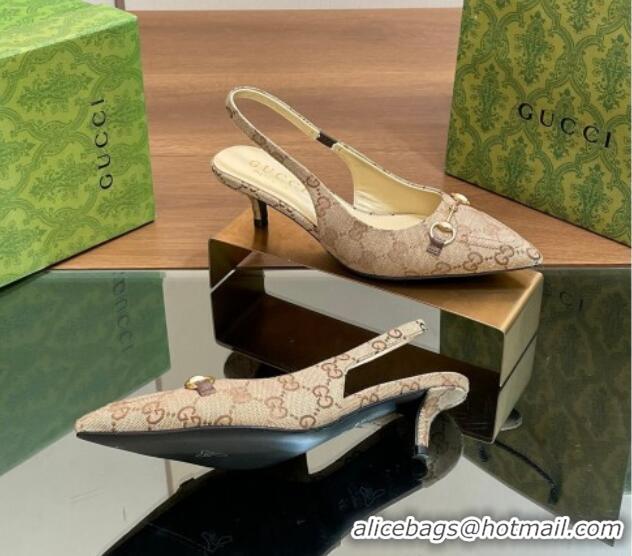 Classic Hot Gucci GG Canvas Slingback Pumps 4.5cm with Horsebit Beige 427020