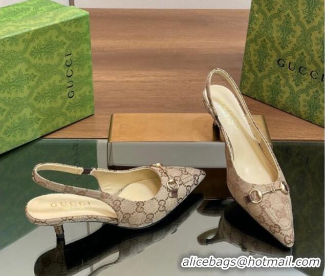 Classic Hot Gucci GG Canvas Slingback Pumps 4.5cm with Horsebit Beige 427020