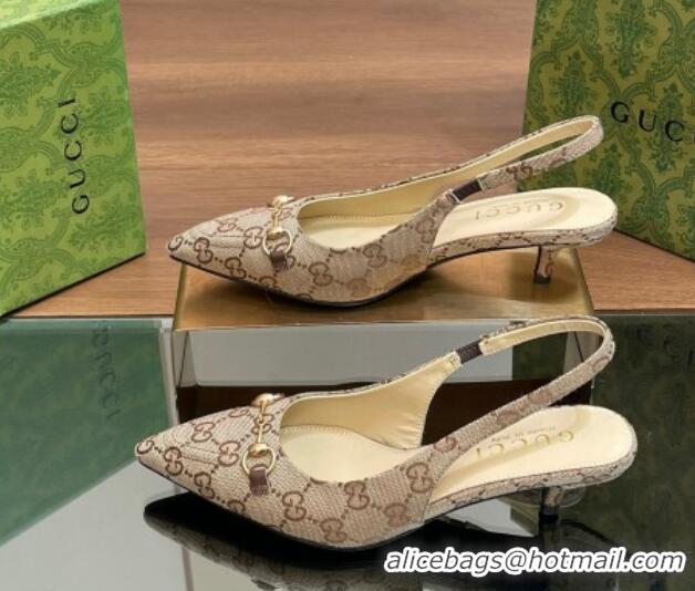 Classic Hot Gucci GG Canvas Slingback Pumps 4.5cm with Horsebit Beige 427020