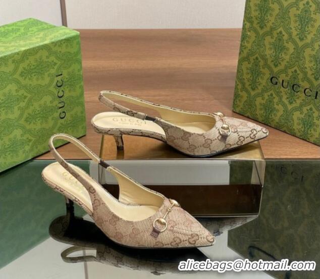 Classic Hot Gucci GG Canvas Slingback Pumps 4.5cm with Horsebit Beige 427020