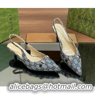 Duplicate Gucci GG Canvas Slingback Pumps 4.5cm with Horsebit Blue 427021