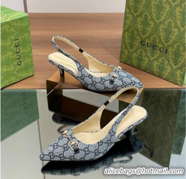 Duplicate Gucci GG Canvas Slingback Pumps 4.5cm with Horsebit Blue 427021