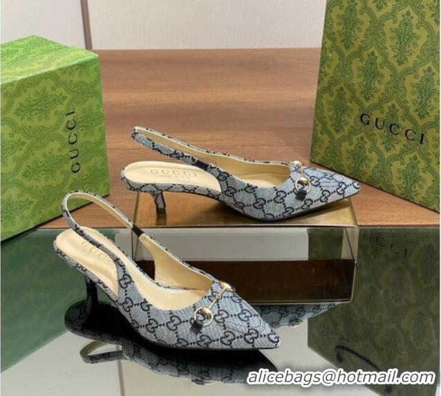 Duplicate Gucci GG Canvas Slingback Pumps 4.5cm with Horsebit Blue 427021