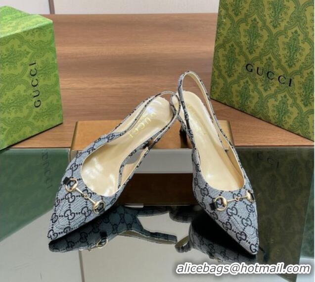 Duplicate Gucci GG Canvas Slingback Pumps 4.5cm with Horsebit Blue 427021