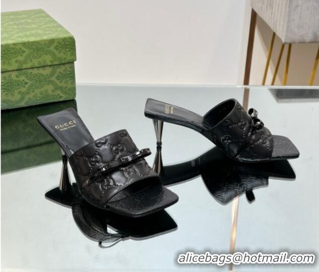 Classic Hot Gucci GG Leather Heel Slide Sandals 5.5cm with Bow Black 427027