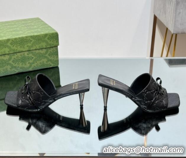 Classic Hot Gucci GG Leather Heel Slide Sandals 5.5cm with Bow Black 427027