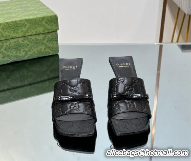 Classic Hot Gucci GG Leather Heel Slide Sandals 5.5cm with Bow Black 427027