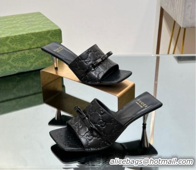 Classic Hot Gucci GG Leather Heel Slide Sandals 5.5cm with Bow Black 427027