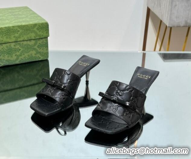 Classic Hot Gucci GG Leather Heel Slide Sandals 5.5cm with Bow Black 427027