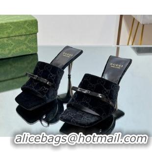 Good Quality Gucci GG Velvet Heel Slide Sandals 5.5cm with Bow Black 427028