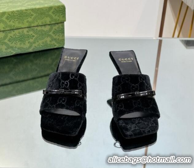 Good Quality Gucci GG Velvet Heel Slide Sandals 5.5cm with Bow Black 427028