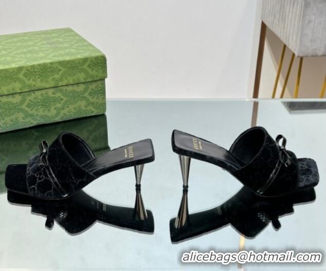 Good Quality Gucci GG Velvet Heel Slide Sandals 5.5cm with Bow Black 427028