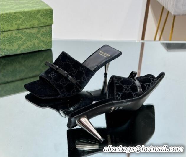 Good Quality Gucci GG Velvet Heel Slide Sandals 5.5cm with Bow Black 427028