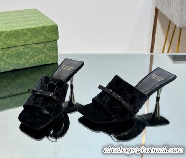 Good Quality Gucci GG Velvet Heel Slide Sandals 5.5cm with Bow Black 427028