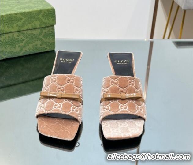 Good Looking Gucci GG Velvet Heel Slide Sandals 5.5cm with Bow Beige 427029