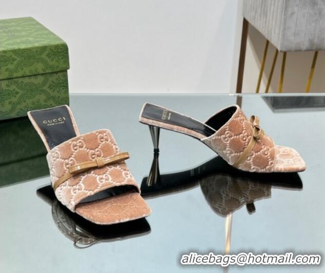 Good Looking Gucci GG Velvet Heel Slide Sandals 5.5cm with Bow Beige 427029