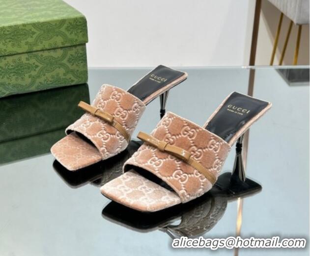 Good Looking Gucci GG Velvet Heel Slide Sandals 5.5cm with Bow Beige 427029