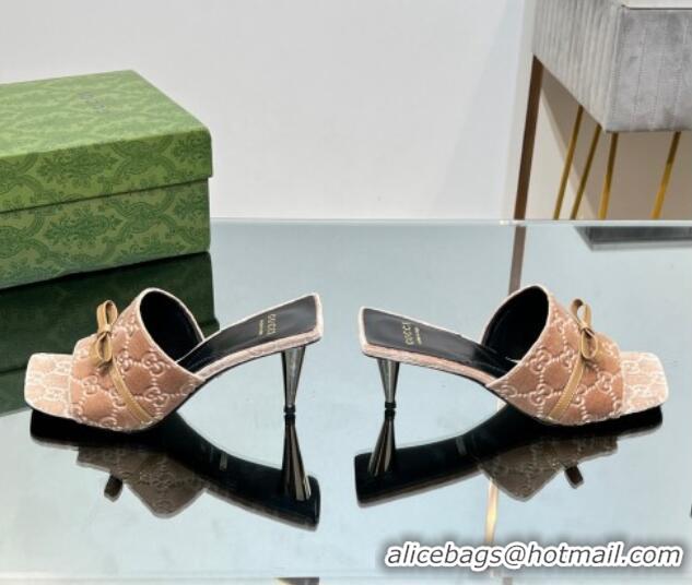 Good Looking Gucci GG Velvet Heel Slide Sandals 5.5cm with Bow Beige 427029