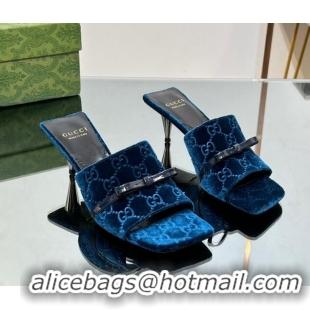 Most Popular Gucci GG Velvet Heel Slide Sandals 5.5cm with Bow Blue 427030