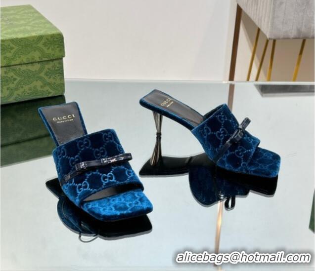 Most Popular Gucci GG Velvet Heel Slide Sandals 5.5cm with Bow Blue 427030