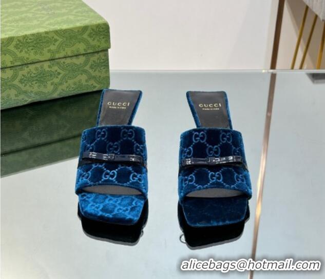 Most Popular Gucci GG Velvet Heel Slide Sandals 5.5cm with Bow Blue 427030