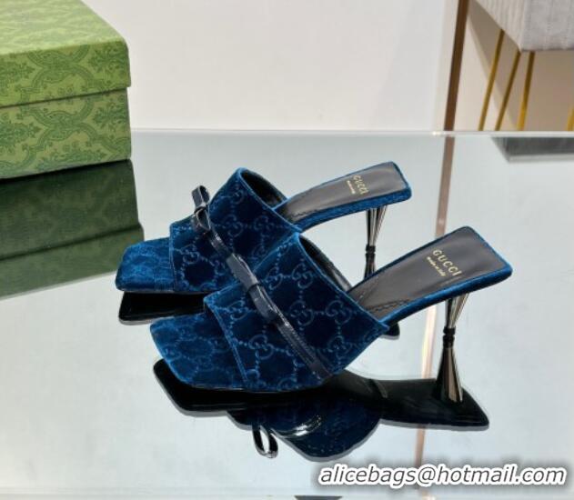 Most Popular Gucci GG Velvet Heel Slide Sandals 5.5cm with Bow Blue 427030