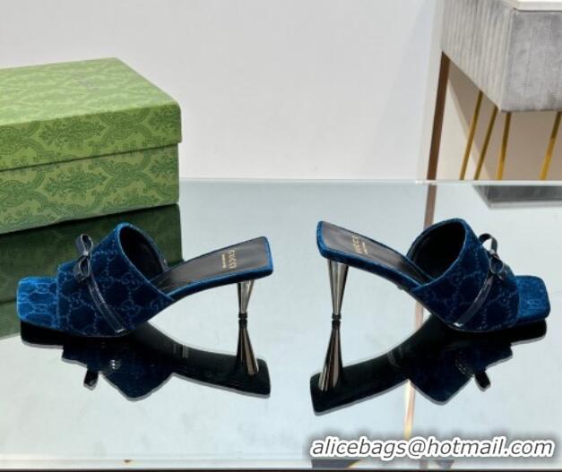 Most Popular Gucci GG Velvet Heel Slide Sandals 5.5cm with Bow Blue 427030