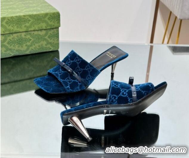 Most Popular Gucci GG Velvet Heel Slide Sandals 5.5cm with Bow Blue 427030