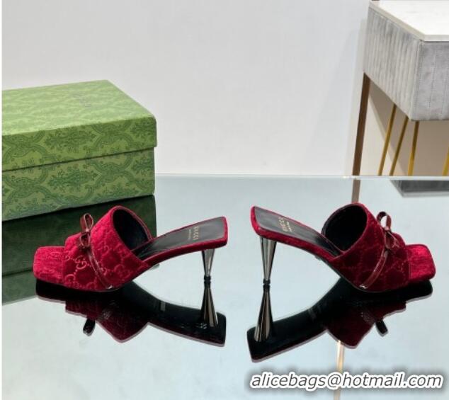 Stylish Gucci GG Velvet Heel Slide Sandals 5.5cm with Bow Red 427031