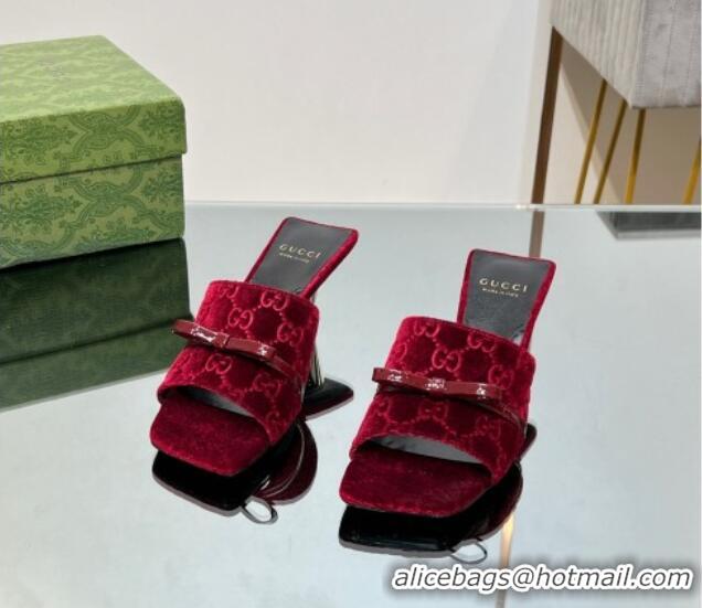 Stylish Gucci GG Velvet Heel Slide Sandals 5.5cm with Bow Red 427031