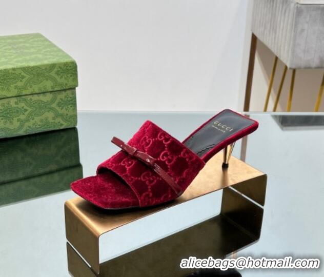 Stylish Gucci GG Velvet Heel Slide Sandals 5.5cm with Bow Red 427031