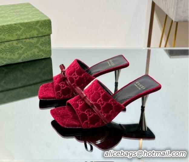 Stylish Gucci GG Velvet Heel Slide Sandals 5.5cm with Bow Red 427031