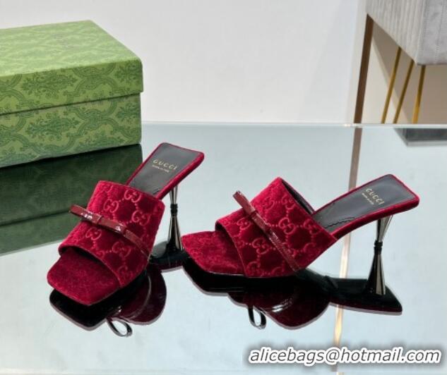 Stylish Gucci GG Velvet Heel Slide Sandals 5.5cm with Bow Red 427031