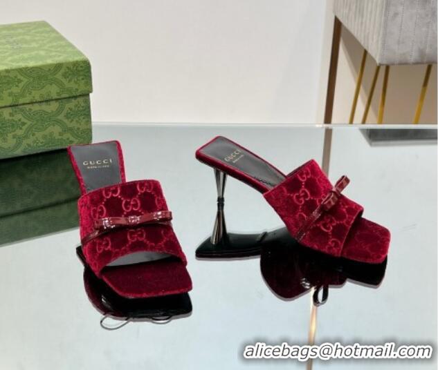 Stylish Gucci GG Velvet Heel Slide Sandals 5.5cm with Bow Red 427031