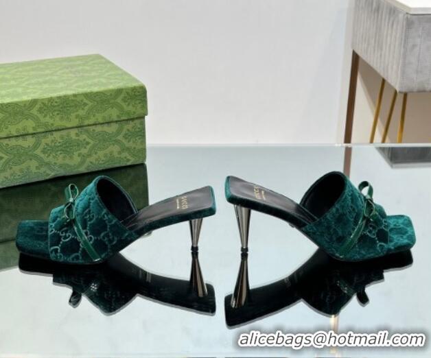 Charming Gucci GG Velvet Heel Slide Sandals 5.5cm with Bow Green 427032