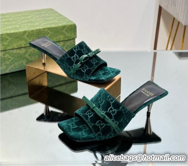 Charming Gucci GG Velvet Heel Slide Sandals 5.5cm with Bow Green 427032