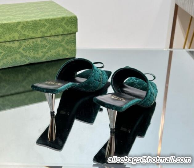 Charming Gucci GG Velvet Heel Slide Sandals 5.5cm with Bow Green 427032