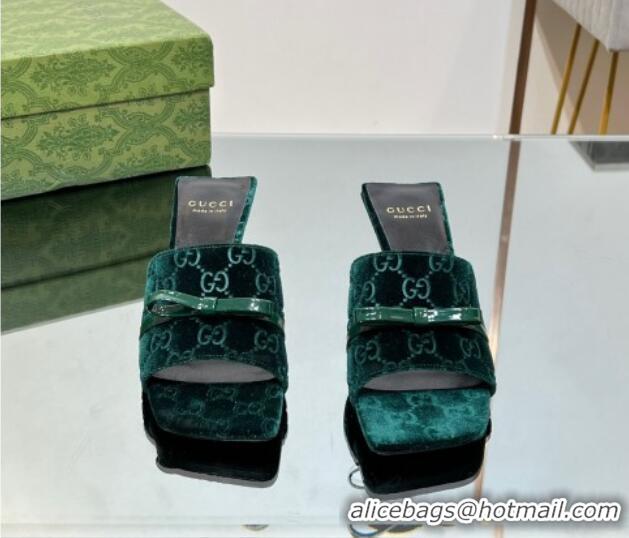 Charming Gucci GG Velvet Heel Slide Sandals 5.5cm with Bow Green 427032