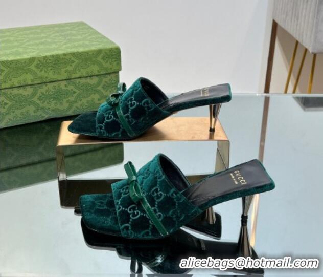 Charming Gucci GG Velvet Heel Slide Sandals 5.5cm with Bow Green 427032