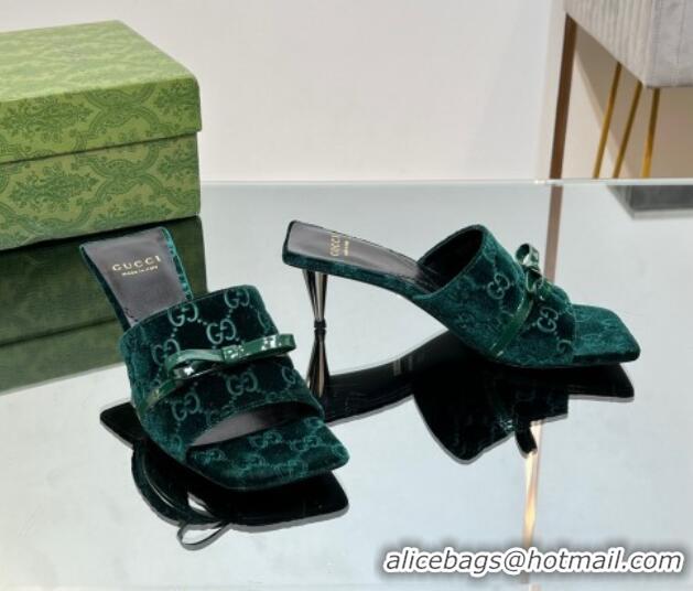 Charming Gucci GG Velvet Heel Slide Sandals 5.5cm with Bow Green 427032