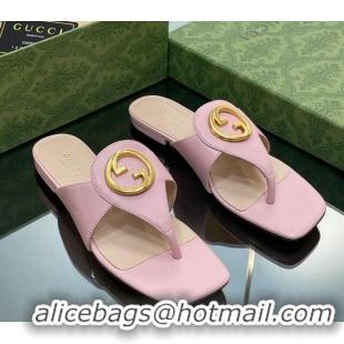 Top Grade Gucci Blondie Flat Slide Thong Sandals in Leather with Interlocking G Light Pink 427033