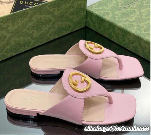 Top Grade Gucci Blondie Flat Slide Thong Sandals in Leather with Interlocking G Light Pink 427033