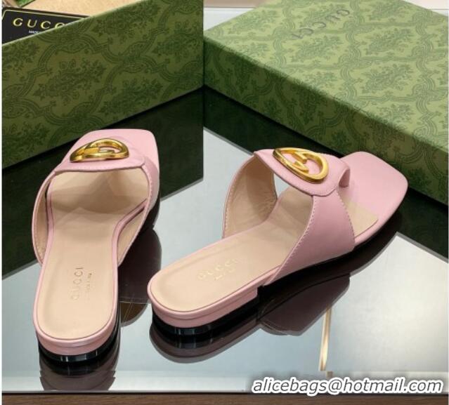 Top Grade Gucci Blondie Flat Slide Thong Sandals in Leather with Interlocking G Light Pink 427033