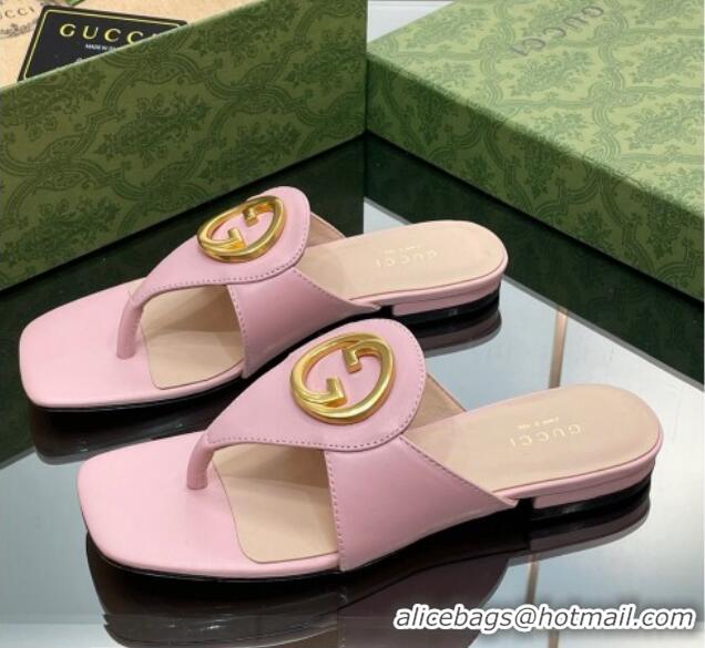 Top Grade Gucci Blondie Flat Slide Thong Sandals in Leather with Interlocking G Light Pink 427033