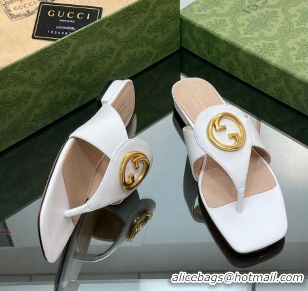 Good Quality Gucci Blondie Flat Slide Thong Sandals in Leather with Interlocking G White 427035