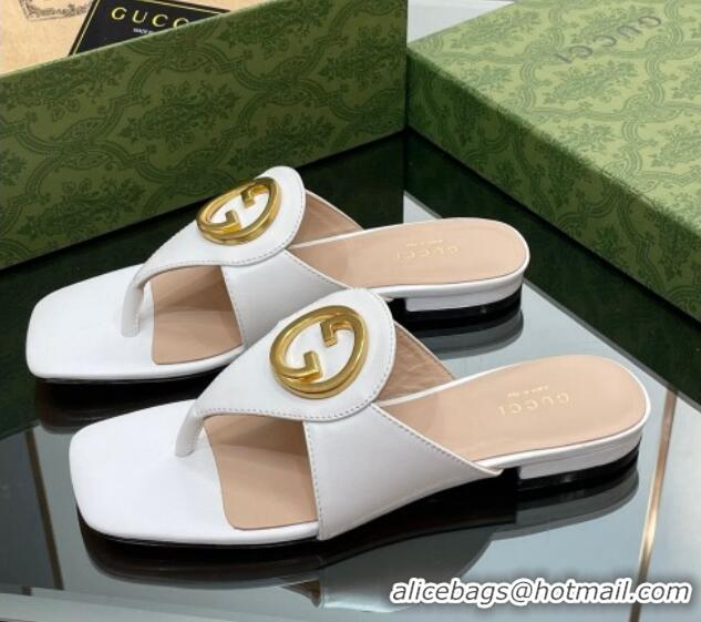 Good Quality Gucci Blondie Flat Slide Thong Sandals in Leather with Interlocking G White 427035